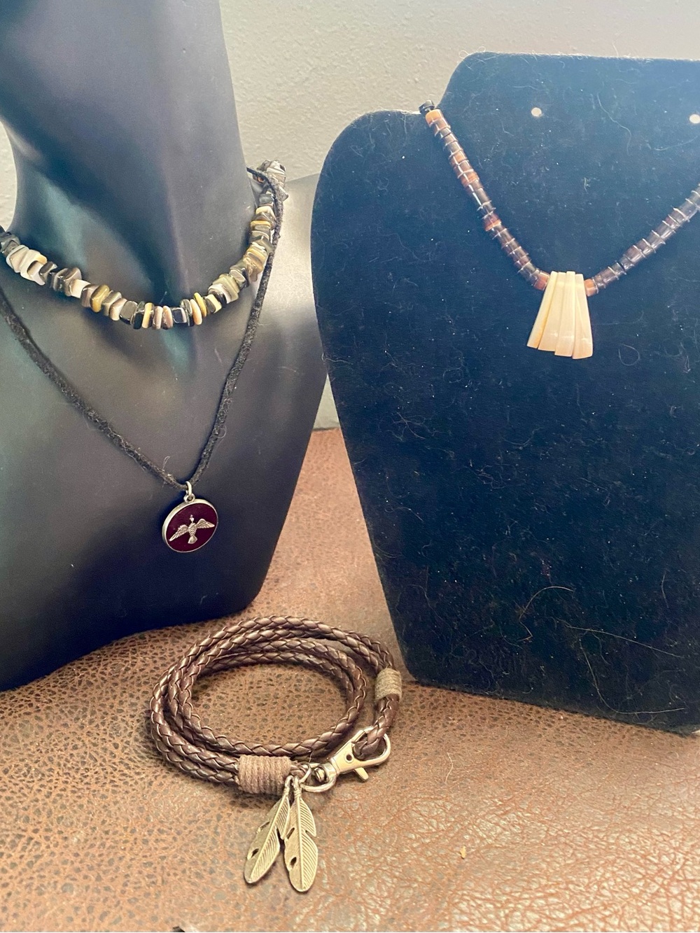 Natural Stone Chip & Earthy Heishi Necklaces, Leather bracelet with feathers